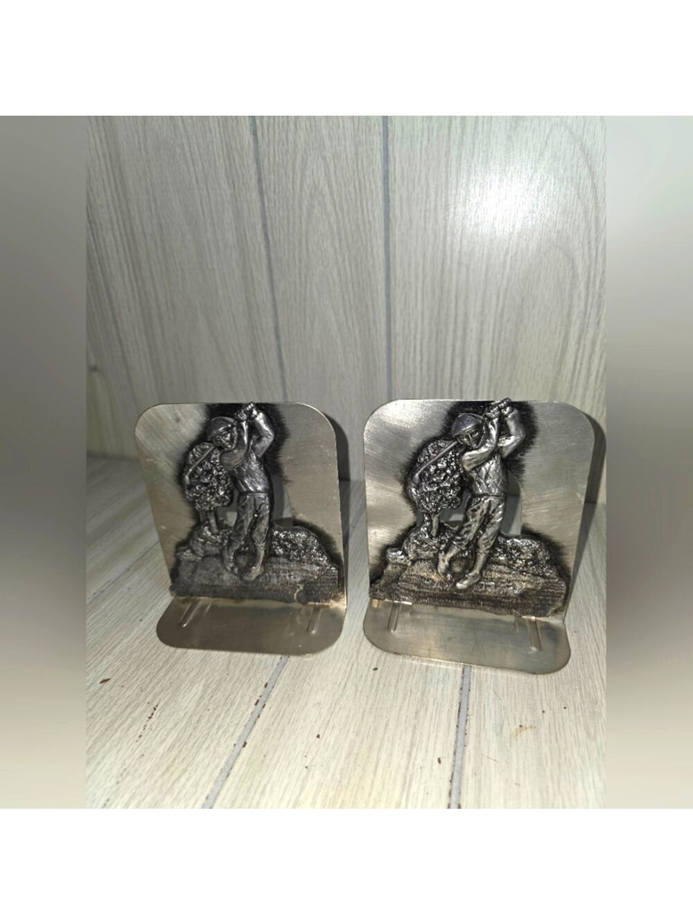 Vtg Pewter Golf Themed Bookends Heavy Silver Toned MCM Golfer 3D PGA Library